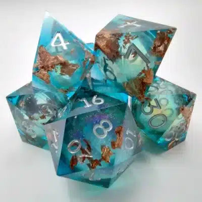 Liquid Core Maelstrom of Dreams Sky Blue with Bronze Foil 7p Polyhedral Dice Set image 0